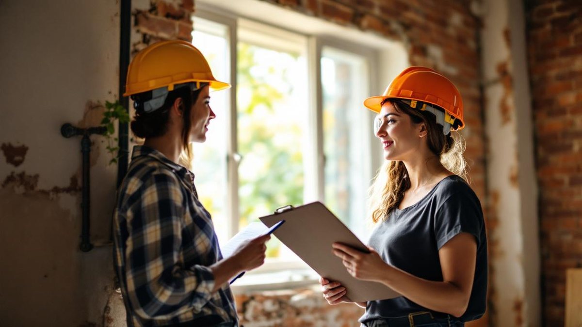 Engenheira civil brasileira com capacete e prancheta inspecionando obra de reforma em apartamento de São Paulo, com paredes de alvenaria expostas e tubulações aparentes