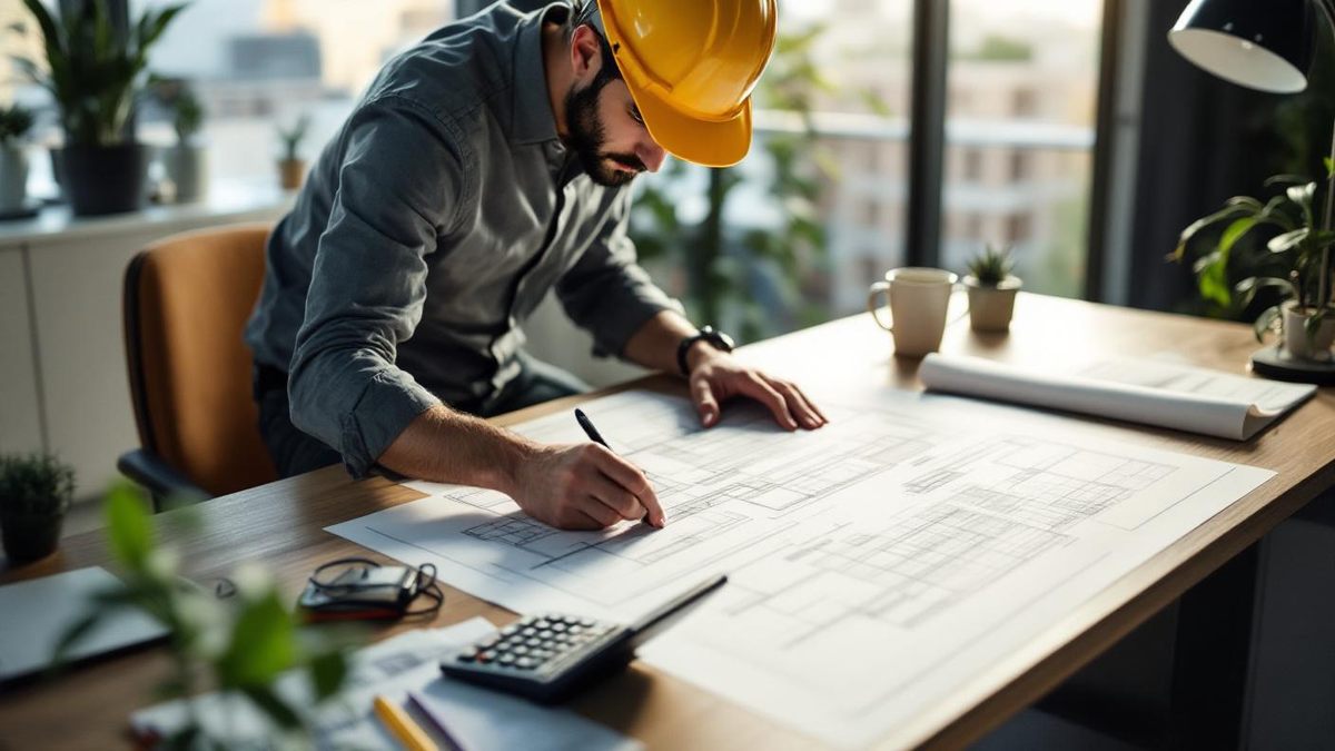 Engenheiro civil brasileiro analisando projeto arquitetônico sobre mesa em escritório de São Paulo, com planta baixa e comprovantes municipais