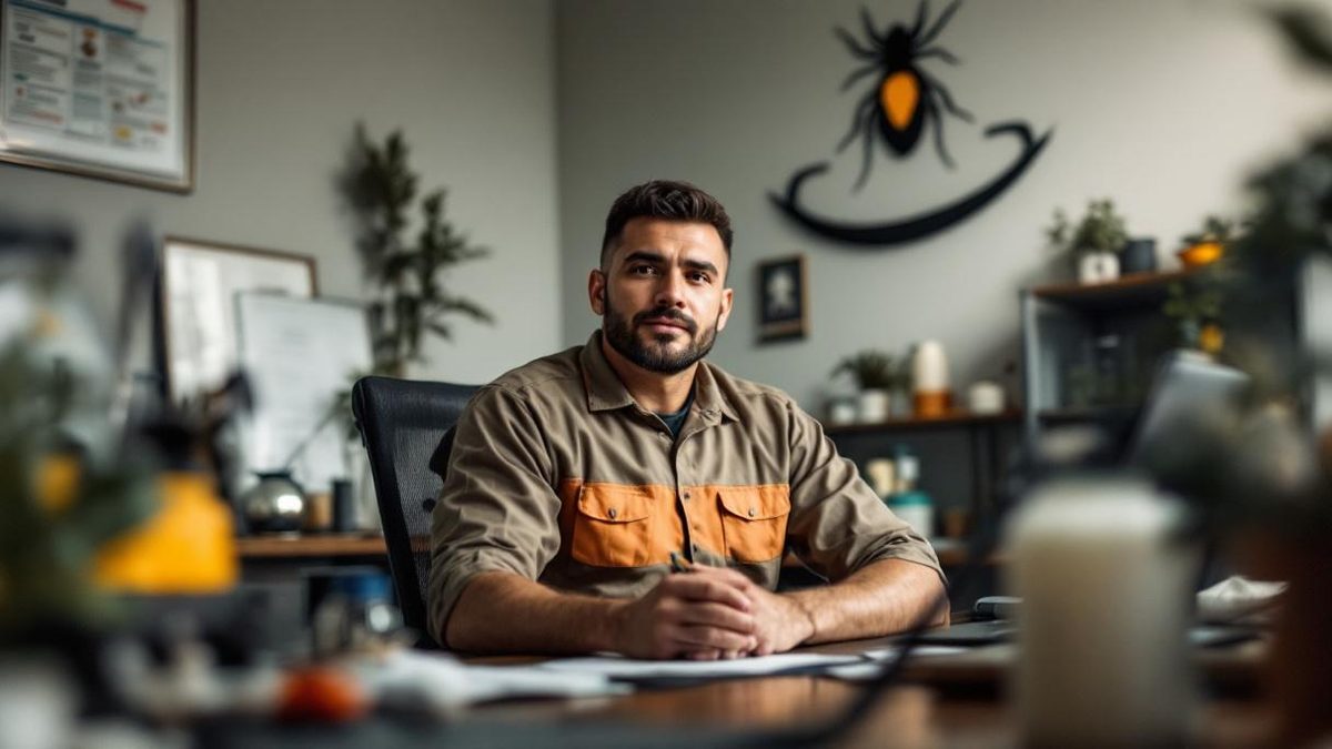 Profissional brasileiro de controle de pragas em escritório com equipamentos e documentos de licenciamento em São Paulo