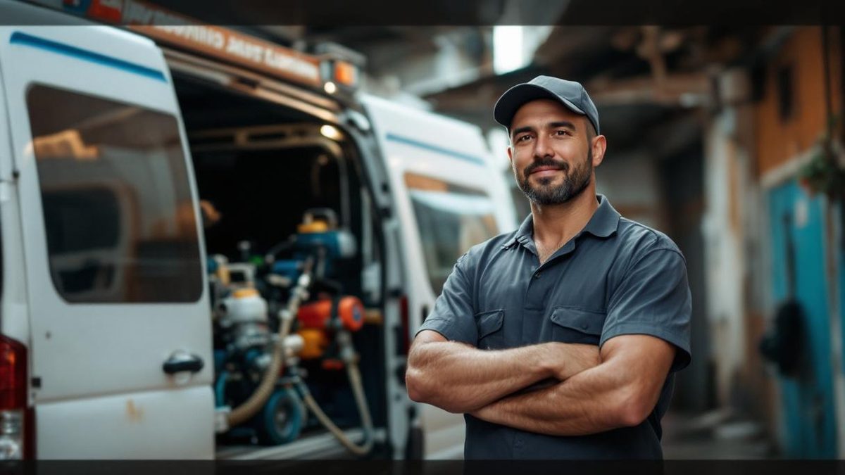 Empreendedor brasileiro de desentupimento ao lado de van branca com equipamentos de hidrojato e máquina rotativa em bairro comercial de São Paulo