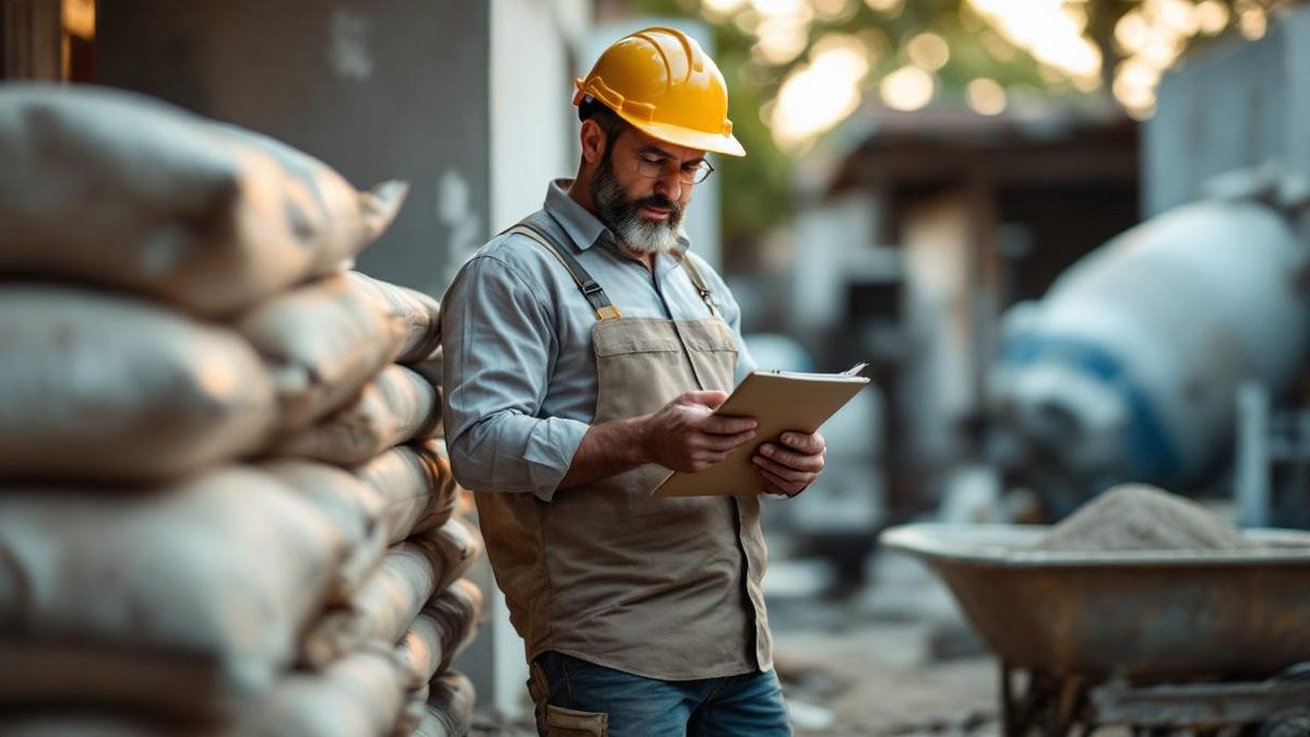 Sacos de cimento empilhados ao lado de balde de pedreiro e trena em área de obra residencial em São Paulo, areia e betoneira ao fundo