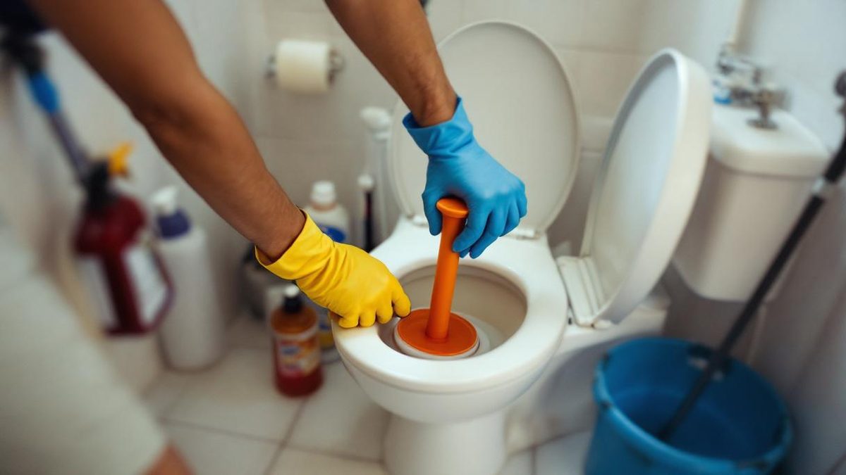 Encanador brasileiro com luvas de borracha usando desentupidor em vaso sanitário de banheiro residencial em São Paulo, azulejo branco ao fundo