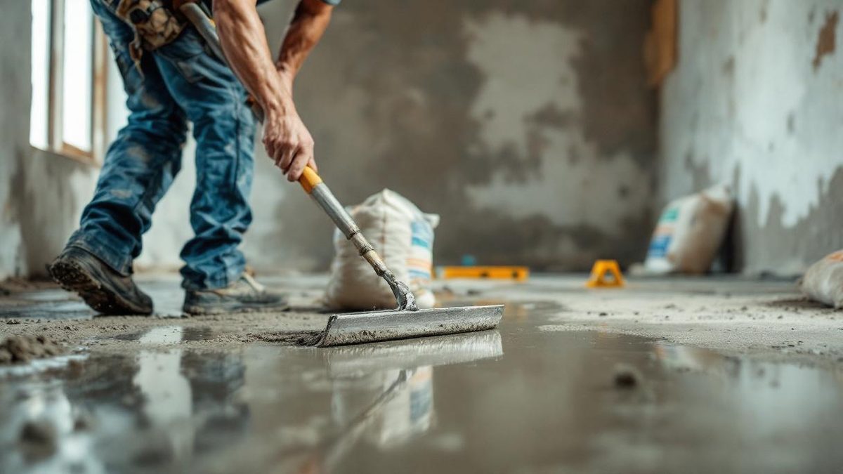 Pedreiro brasileiro nivelando contrapiso com régua de alumínio em apartamento em reforma em São Paulo, balde de argamassa e nível laser ao lado