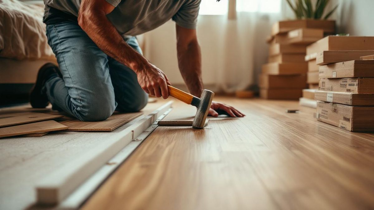 Instalador brasileiro ajoelhado encaixando réguas de piso laminado com sistema click em sala de apartamento em São Paulo, espaçadores e serra tico-tico ao lado