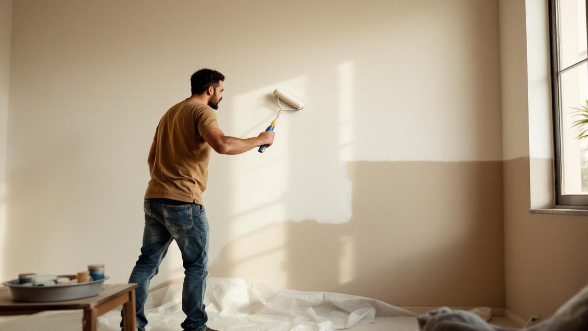 Pintor brasileiro com rolo de espuma aplicando tinta branca em parede de sala de apartamento em São Paulo, lona plástica no chão e fita crepe nas molduras