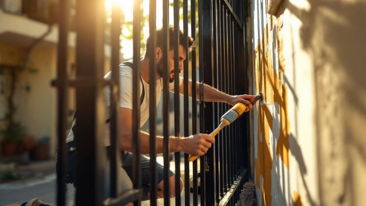 Pintor brasileiro com escova de aço removendo ferrugem de portão de ferro preto em garagem residencial de São Paulo, lona plástica no piso e latas de primer ao lado
