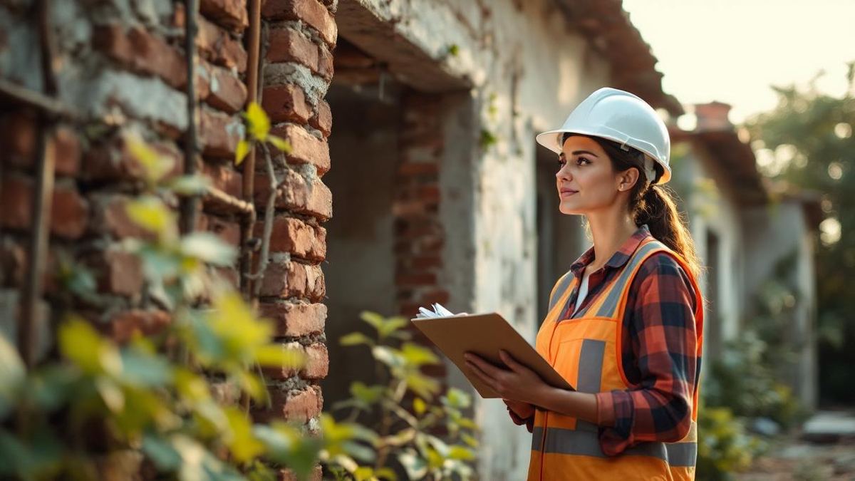 Engenheira civil brasileira com capacete e prancheta inspecionando construção residencial antiga com tijolos aparentes em bairro de São Paulo, luz natural da tarde