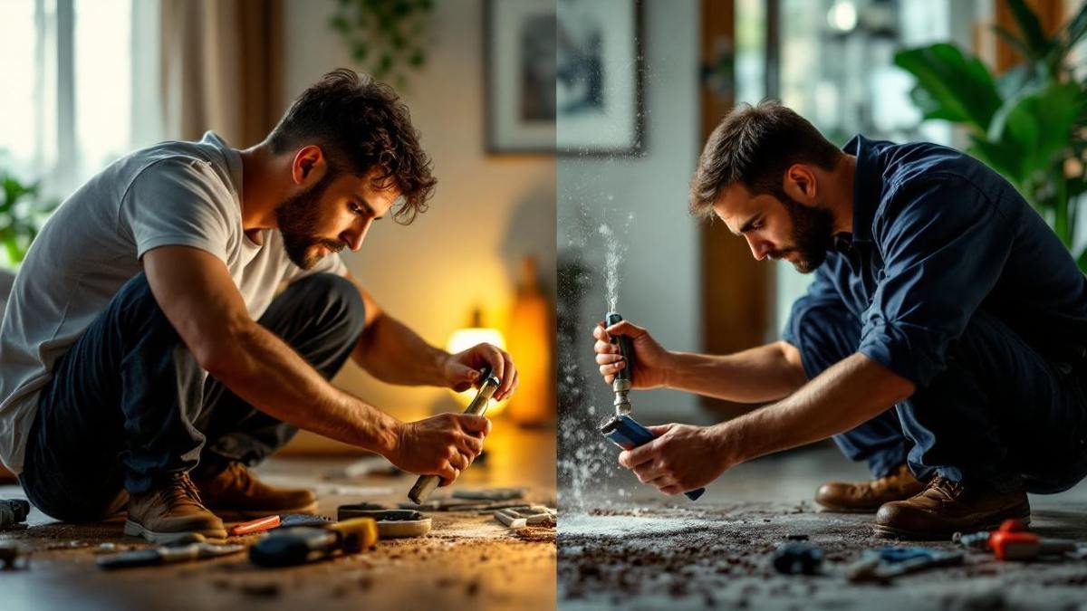 Comparação entre reforma DIY e profissional contratado pintando parede em Porto Alegre