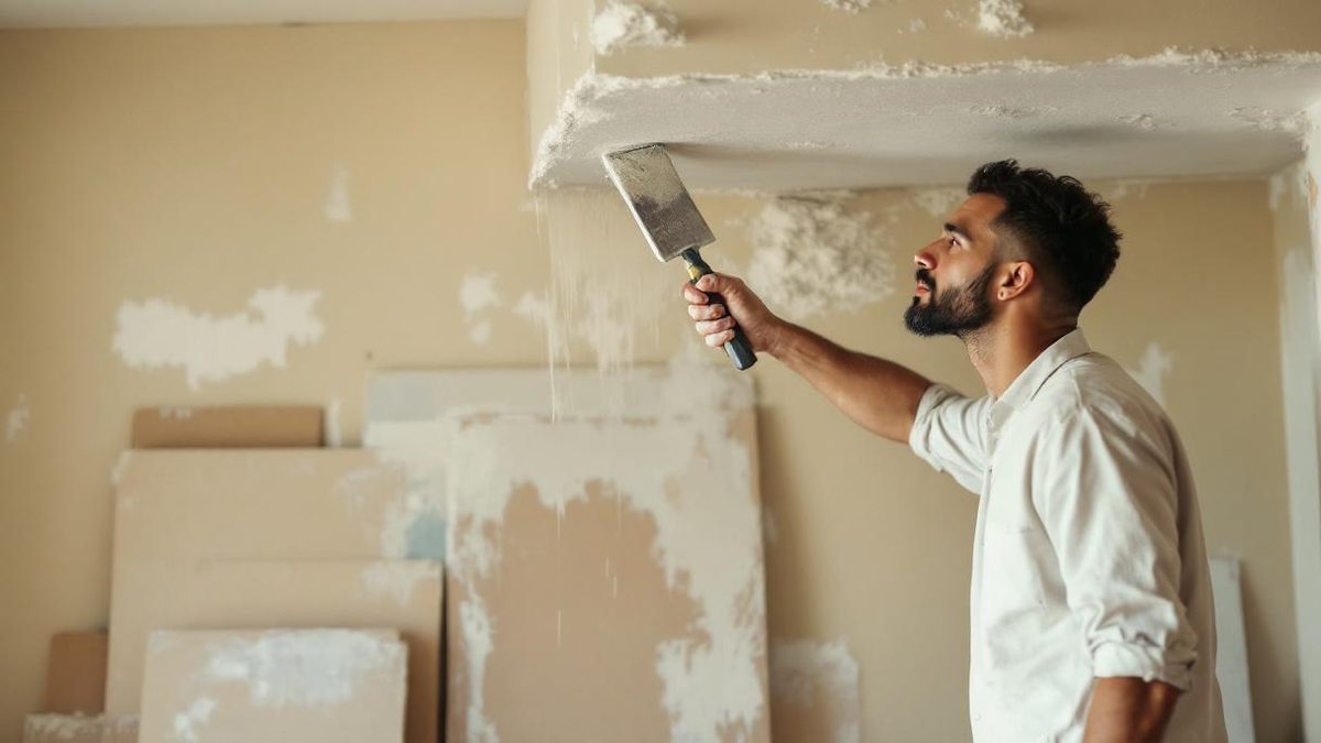 Gesseiro brasileiro instalando placa de drywall em estrutura metálica de divisória em apartamento de São Paulo, perfis metálicos e furadeira visíveis