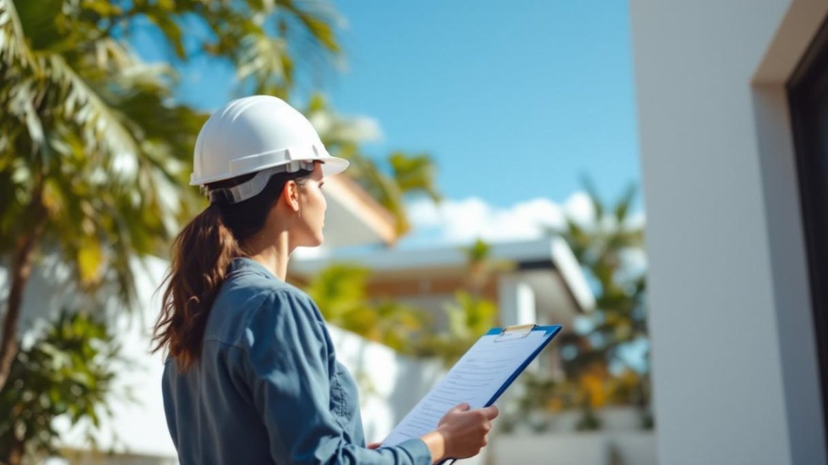 Engenheira civil brasileira com capacete e prancheta inspecionando fachada de casa residencial recém-concluída em Belo Horizonte, vegetação tropical ao fundo