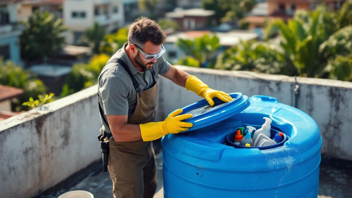 Homem brasileiro com luvas amarelas e óculos de proteção abrindo tampa de caixa d'água de polietileno azul na laje de casa em bairro residencial de São Paulo, balde e materiais de limpeza ao lado, dia ensolarado