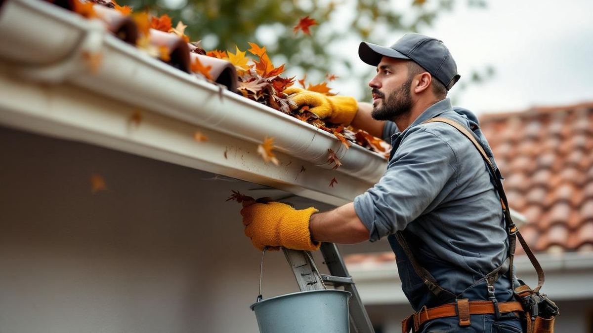 Trabalhador brasileiro com luvas de segurança sobre escada limpando folhas e detritos de calha PVC em casa residencial de Belo Horizonte, telhas cerâmicas ao fundo, balde preso na escada, céu nublado indicando proximidade da temporada de chuvas