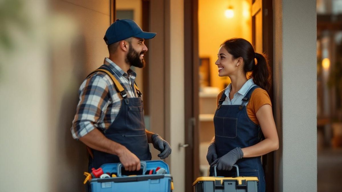 Profissional brasileiro de serviços residenciais com caixa de ferramentas conversando com moradora na porta de apartamento em São Paulo