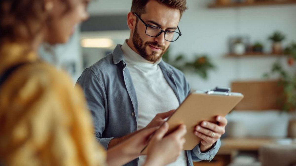 Profissional brasileiro de serviços residenciais com prancheta e celular mostrando CNPJ em apartamento reformado em São Paulo
