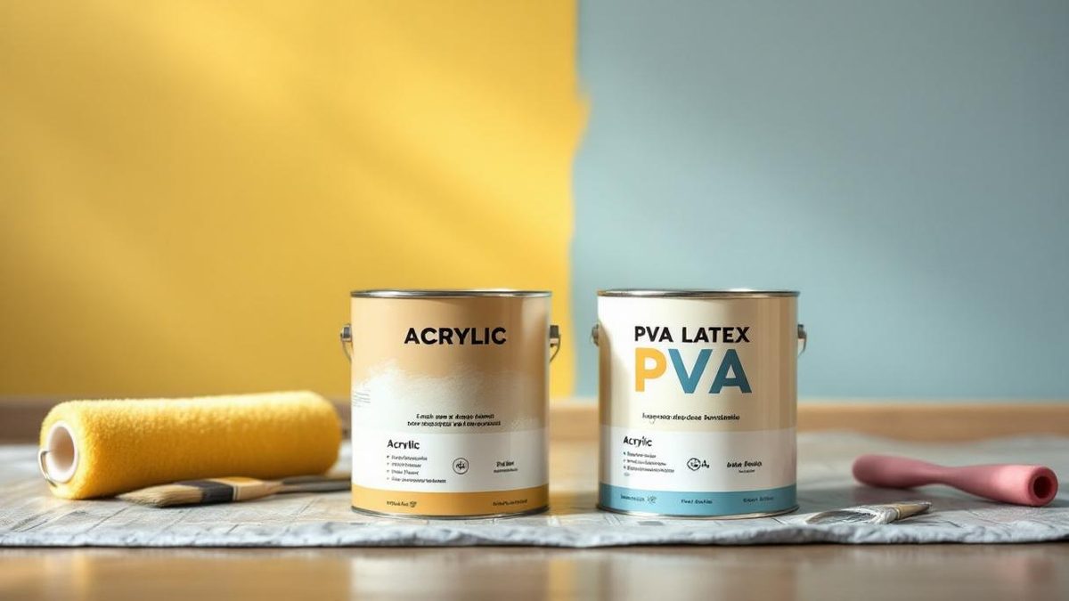 Duas latas de tinta abertas sobre bancada de obra brasileira: uma de tinta acrílica e outra de tinta PVA, com rolo de pintura e amostra de cor na parede ao fundo