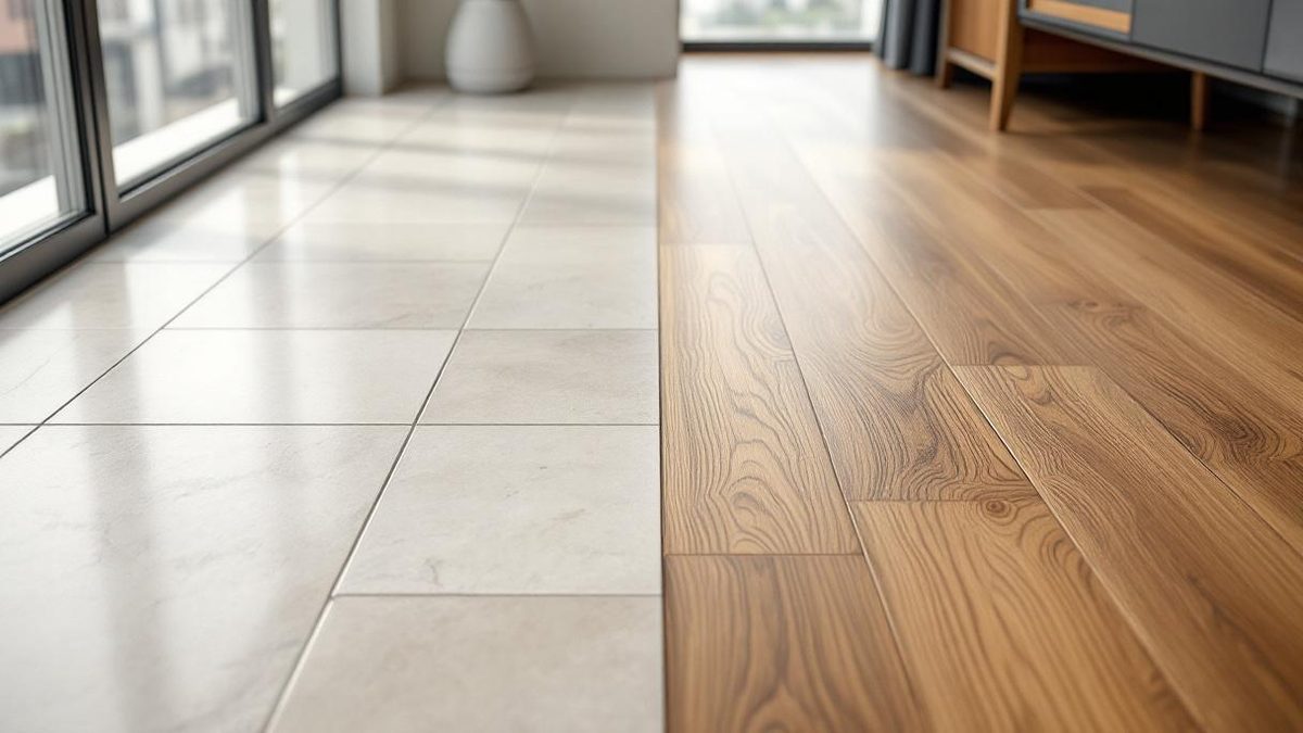 Sala de apartamento em São Paulo dividida ao meio: lado esquerdo com piso porcelanato cinza claro polido e lado direito com piso laminado padrão madeira carvalho