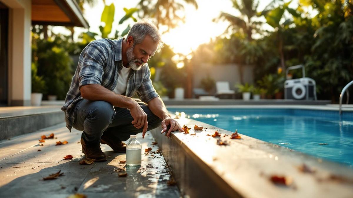 Homem brasileiro testando qualidade da água de piscina residencial com kit de teste químico no quintal de casa em São Paulo