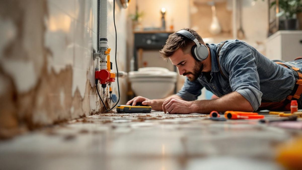 Profissional brasileiro de caça-vazamento usando geofone acústico em piso de banheiro de apartamento em São Paulo, fone de ouvido profissional e ferramentas ao redor
