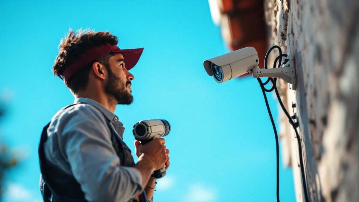 Técnico brasileiro instalando câmera de segurança bullet em fachada de casa residencial em São Paulo, escada e ferramentas visíveis