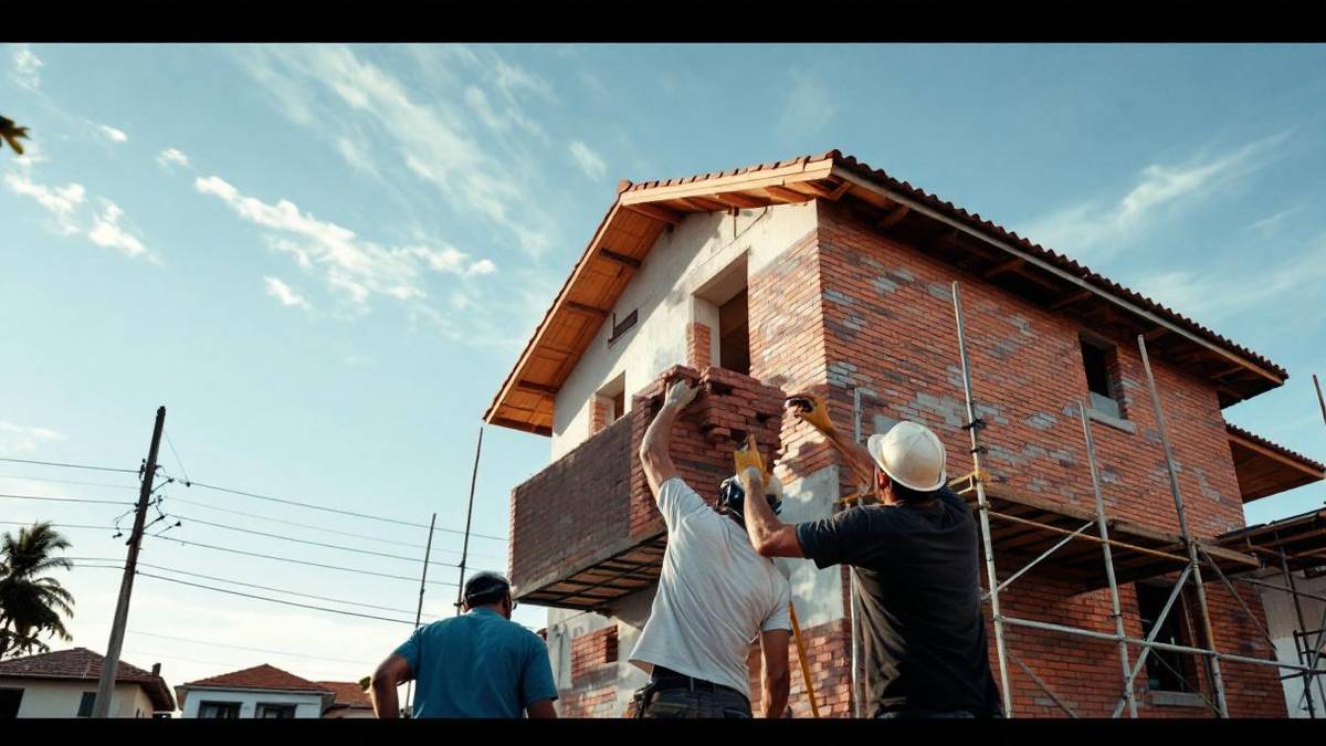 Canteiro de obras residencial brasileiro em São Paulo com paredes de alvenaria erguidas, trabalhadores de capacete e sacos de cimento no chão