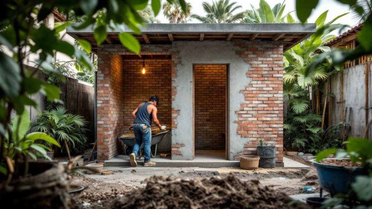 Pedreiro brasileiro construindo paredes de edícula em quintal residencial de São Paulo, com sacos de cimento e blocos ao redor da obra
