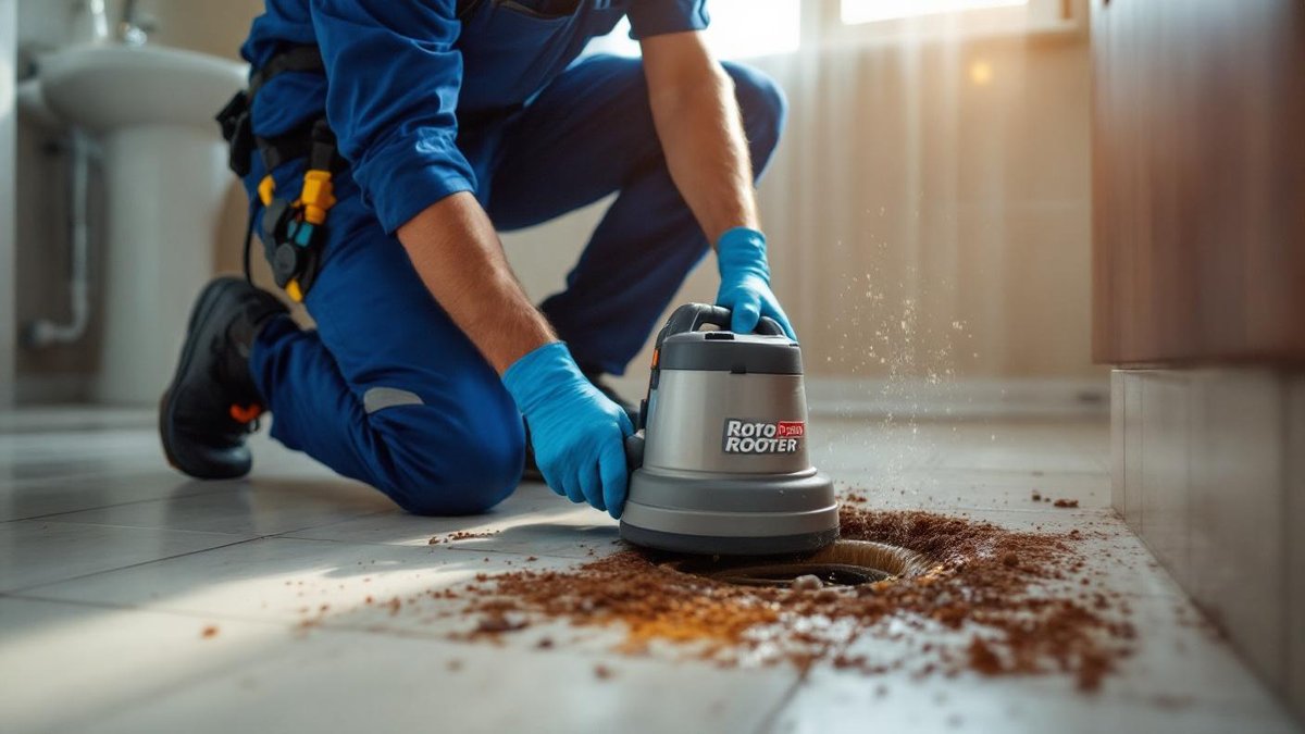 Encanador brasileiro com equipamento de desentupimento próximo a ralo de banheiro em apartamento de São Paulo, tubulação PVC e ferramentas ao redor