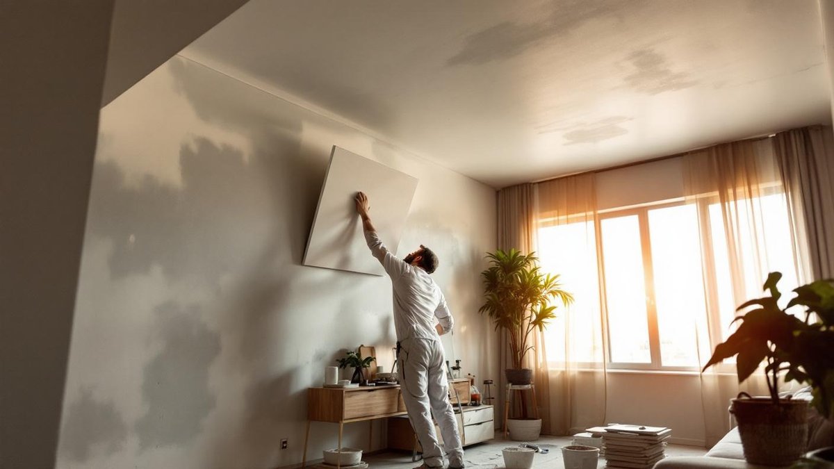 Gesseiro brasileiro instalando placa de gesso no teto de sala de estar em apartamento de São Paulo, andaime e ferramentas de gesso ao redor