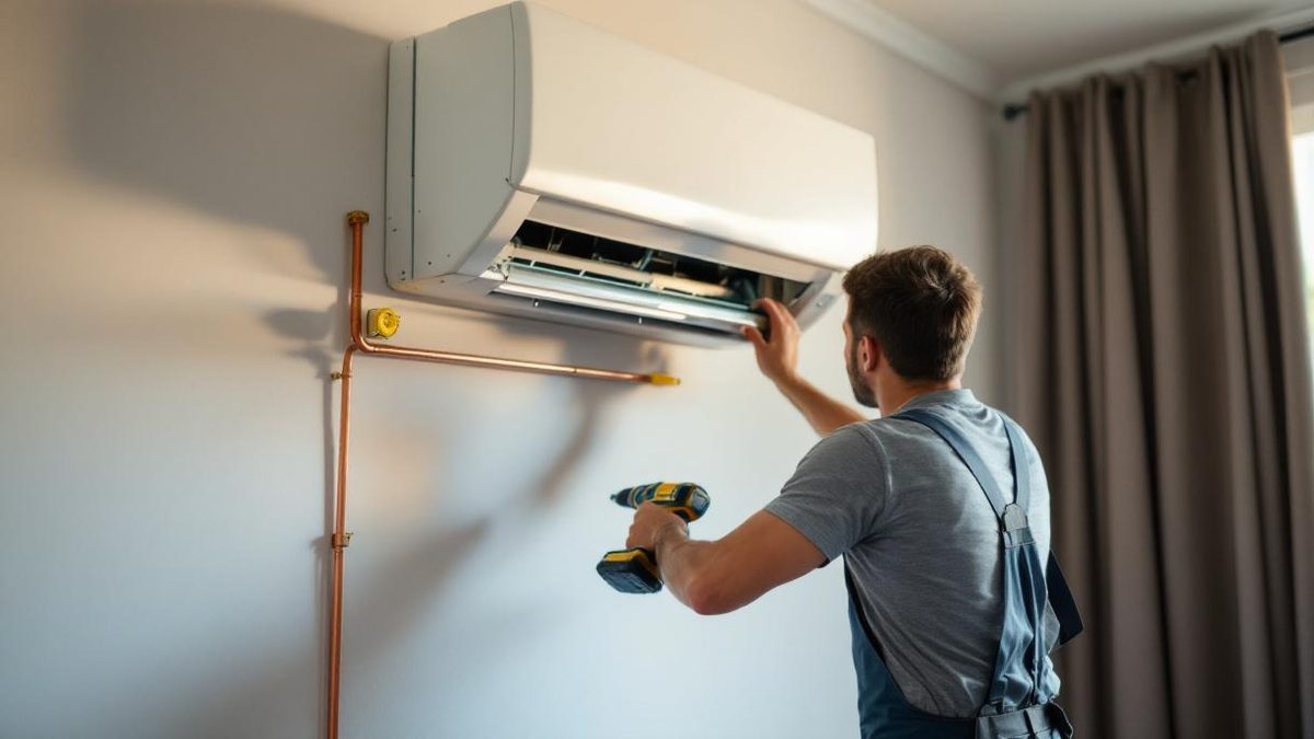 Técnico brasileiro de ar-condicionado instalando evaporadora split em parede de apartamento no Rio de Janeiro, tubulação de cobre e dreno visíveis