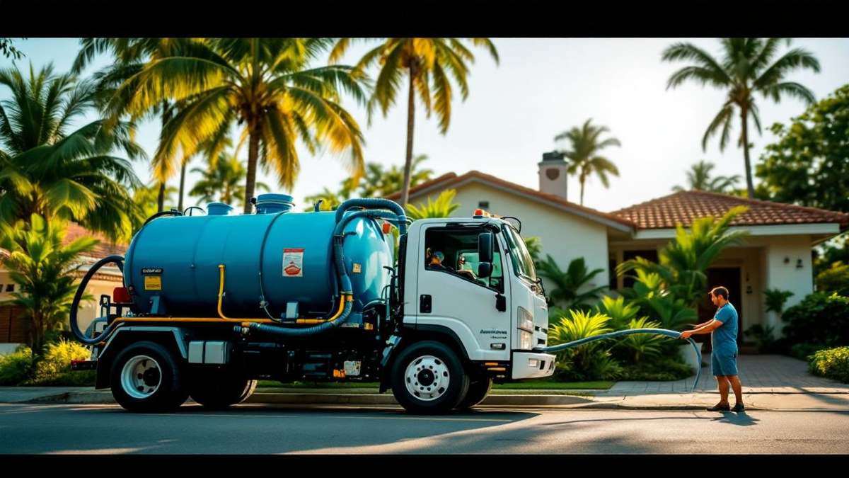 Caminhão limpa-fossa com mangueira de sucção conectada a tampa de fossa séptica em quintal de casa brasileira em São Paulo, operador com EPI completo