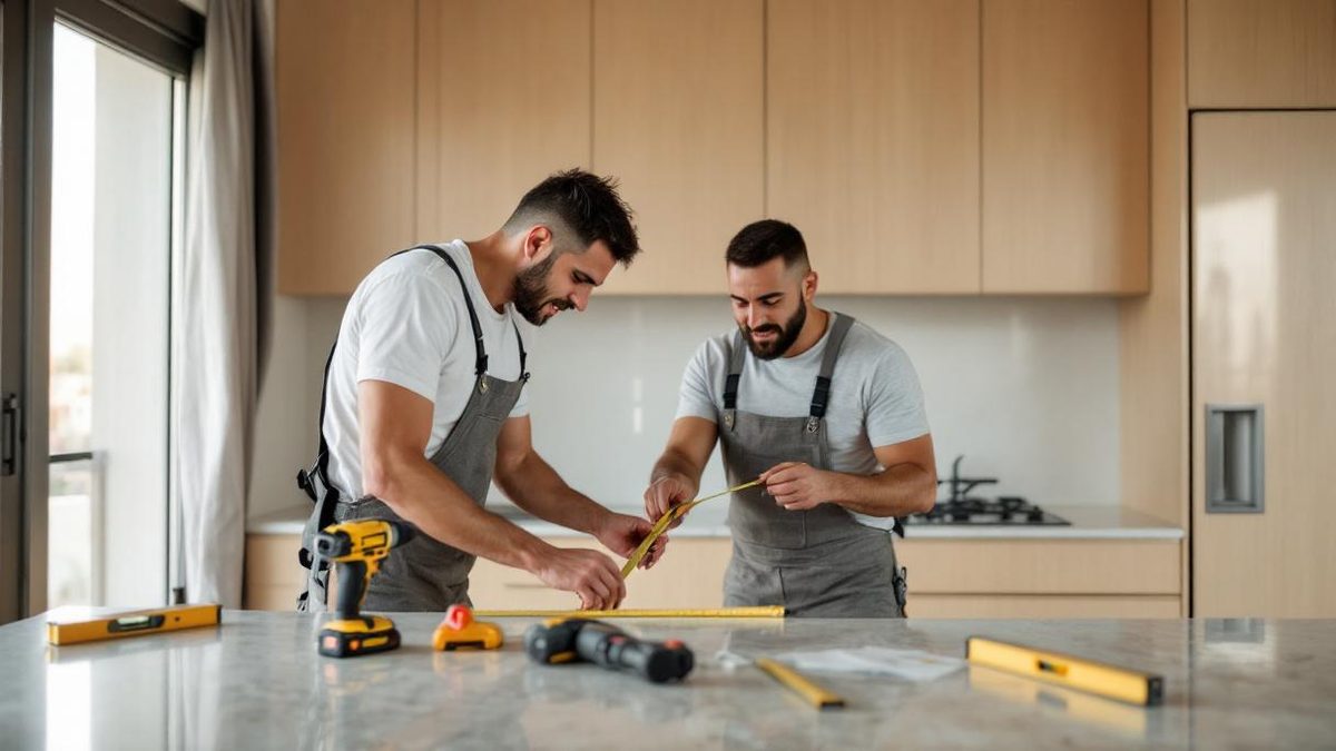 Marceneiro brasileiro instalando armário planejado de MDF em cozinha moderna de apartamento em Belo Horizonte, com ferramentas e nível a laser na bancada
