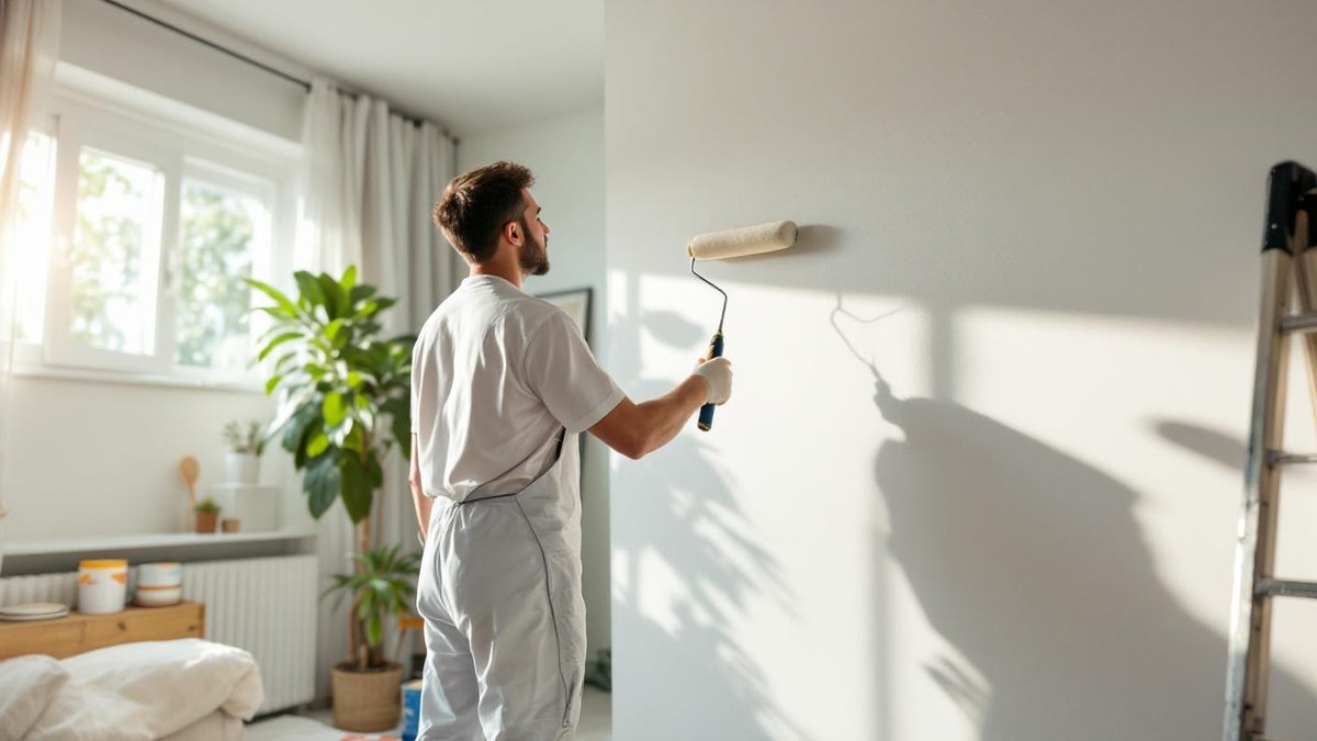 Pintor brasileiro com rolo aplicando tinta branca em parede de sala de estar em apartamento de São Paulo, escada e lonas de proteção ao redor