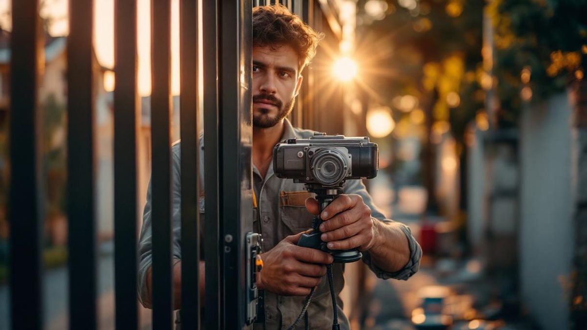 Serralheiro brasileiro instalando motor em portão deslizante de ferro em garagem residencial de São Paulo, trilho e ferramentas visíveis