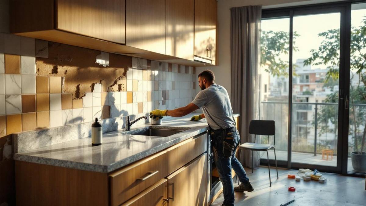 Cozinha em obra com bancada de granito sendo instalada por trabalhador brasileiro usando luvas de proteção em apartamento de São Paulo, ferramentas no chão e revestimento cerâmico parcialmente aplicado na parede
