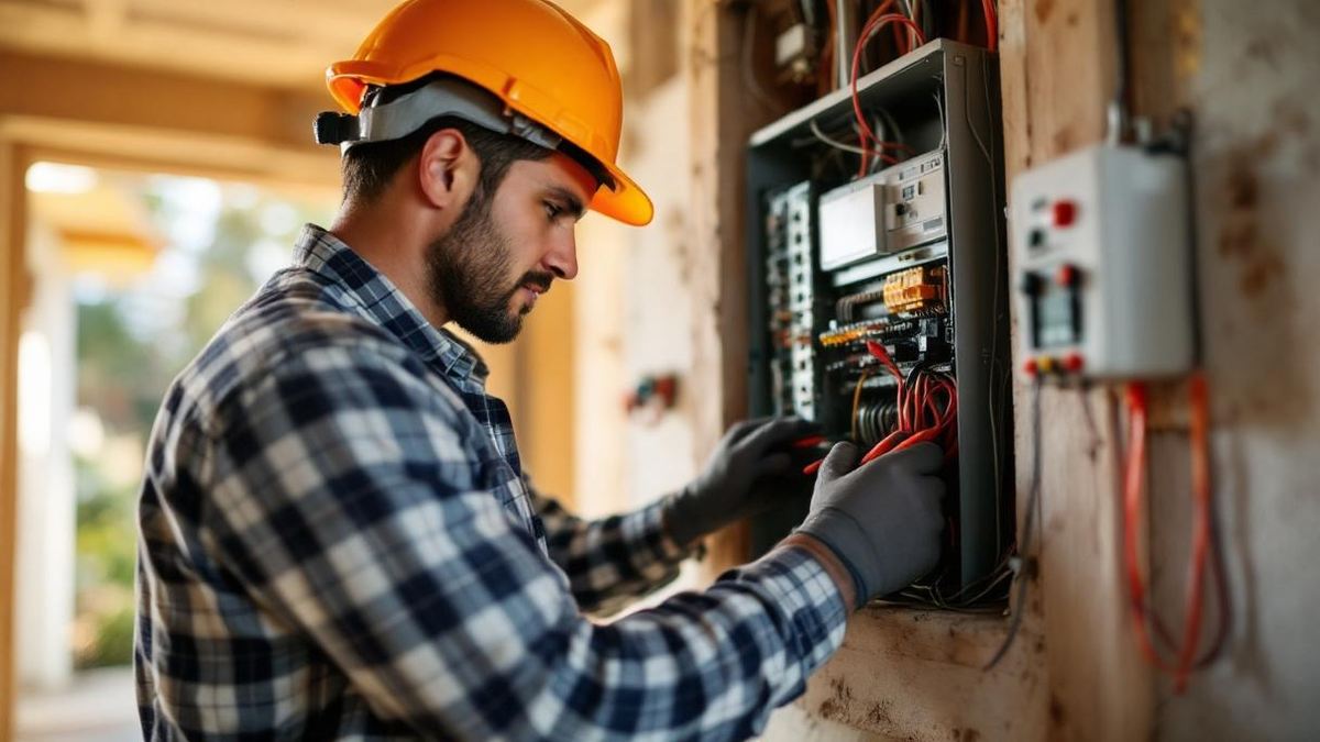 Eletricista brasileiro com capacete e ferramentas conferindo instalação em quadro de distribuição de obra residencial em São Paulo