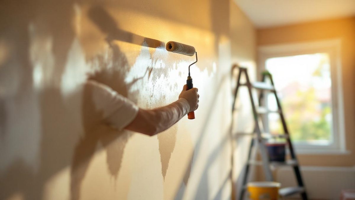 Pintor brasileiro com rolo de tinta e equipamento de proteção preparando parede de apartamento em São Paulo, latas de tinta e escada ao fundo