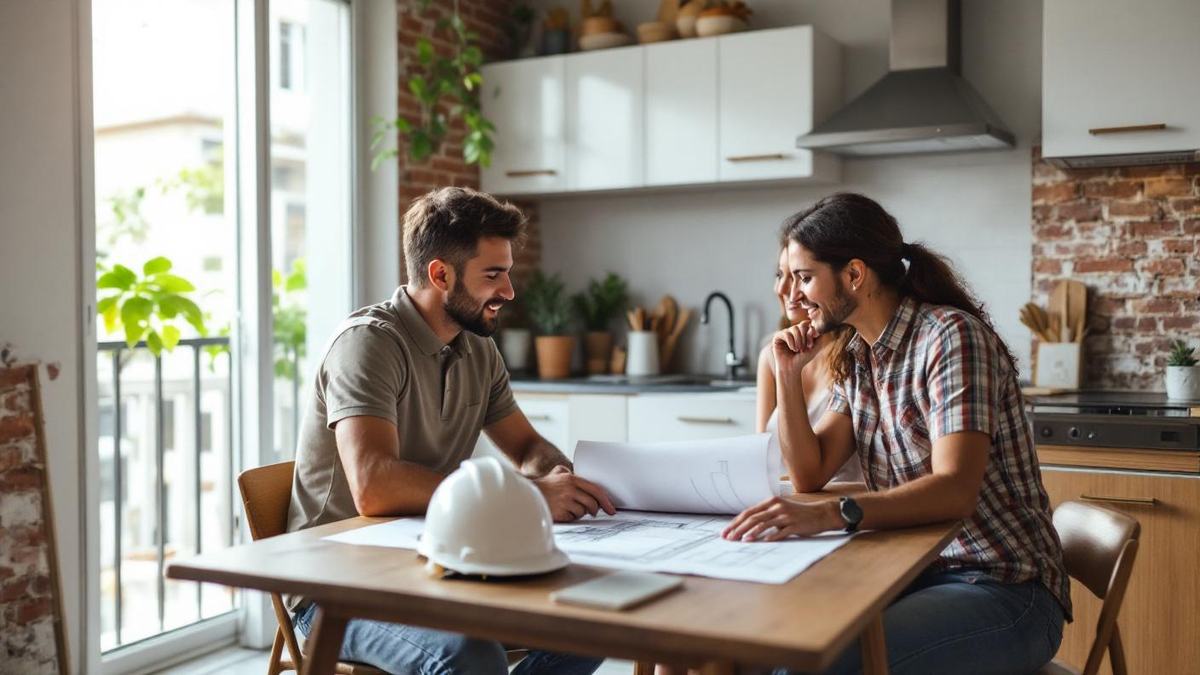 Casal brasileiro conversando com empreiteiro em apartamento de São Paulo durante planejamento de reforma, com planta e capacete sobre a mesa