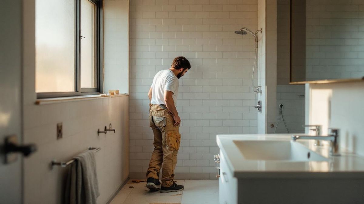 Azulejista brasileiro instalando porcelanato branco na parede de banheiro em reforma no Rio de Janeiro, membrana impermeabilizante visível no piso e metais cromados novos aguardando instalação