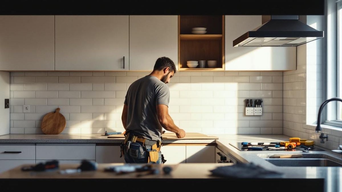 Cozinha de apartamento brasileiro em reforma com subway tile branco sendo instalado na parede, bancada de granito parcialmente visível e armários brancos em montagem