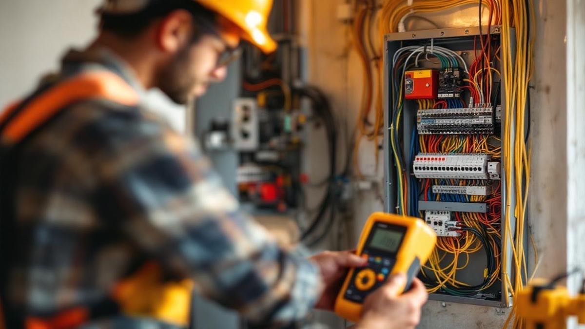 Eletricista brasileiro com equipamento de segurança instalando quadro de distribuição moderno com disjuntores e proteção DR em apartamento residencial em Porto Alegre, fios organizados e testador de tensão sobre a bancada