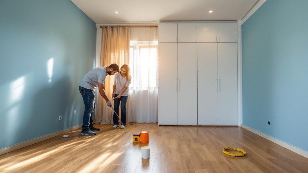 Trabalhador brasileiro instalando piso laminado em quarto de casal em Salvador, parede com pintura azul suave ao fundo, forro de gesso com spots LED e estrutura de armário embutido visível