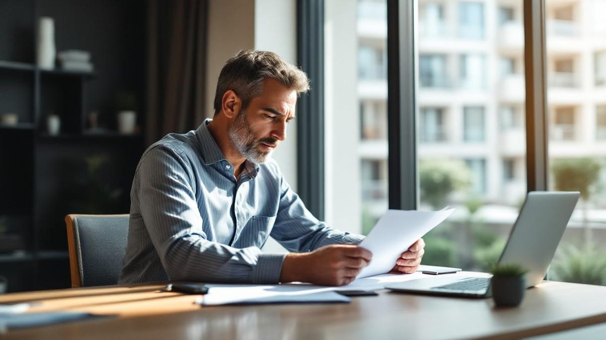 Síndico brasileiro revisando documentos de seguro em escritório da administração de condomínio residencial em Belo Horizonte, papéis e laptop sobre a mesa com luz natural