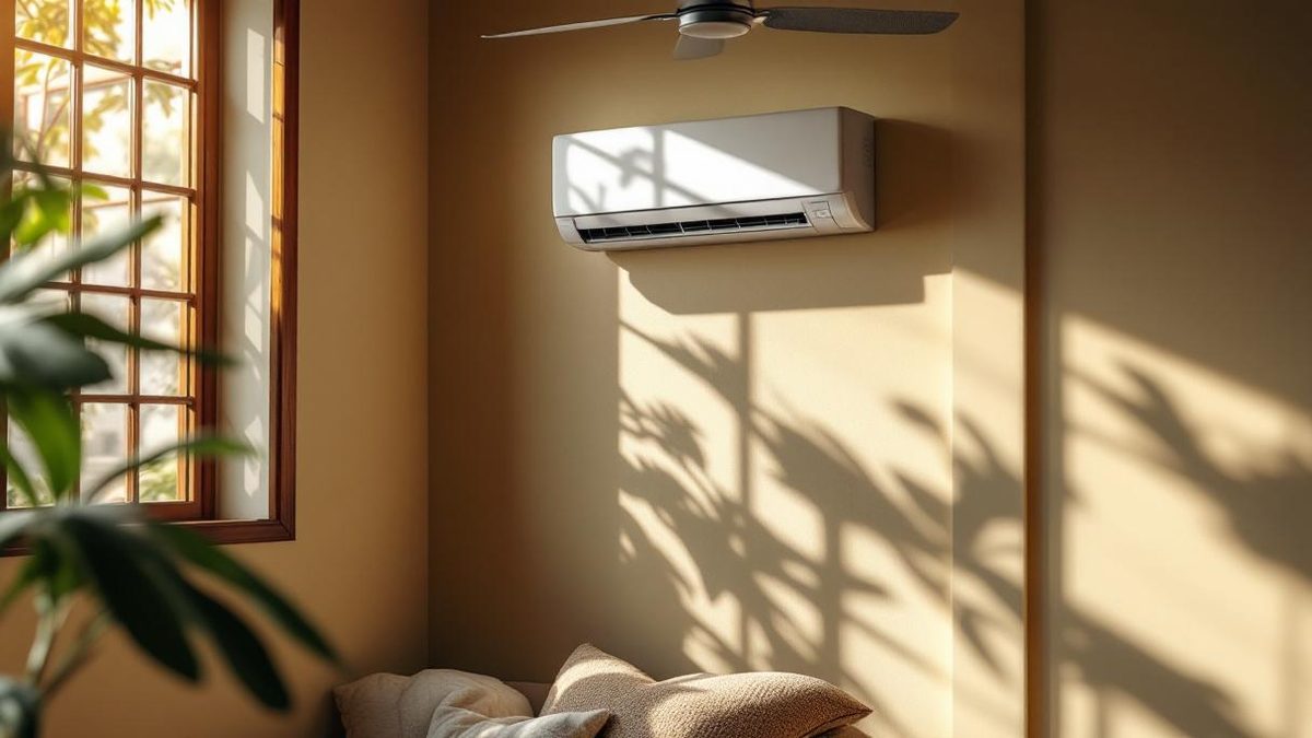 Sala brasileira com ventilador de teto e ar-condicionado split instalados em Salvador