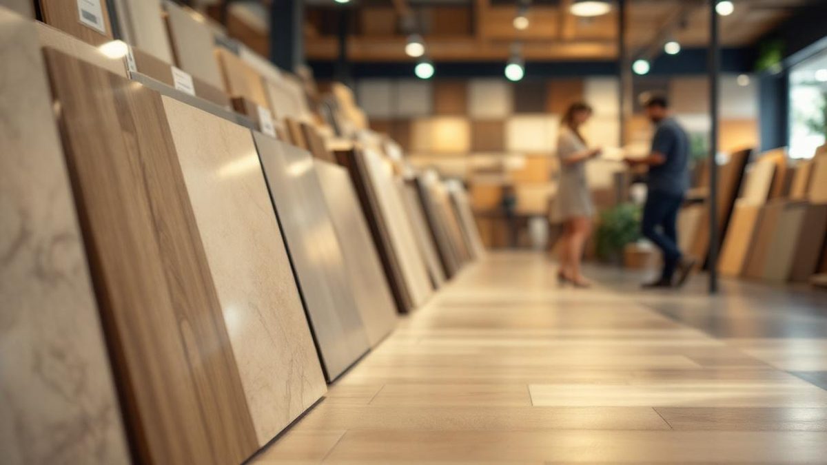 Amostras de pisos residenciais: porcelanato, laminado, vinílico, cerâmica e pedra natural