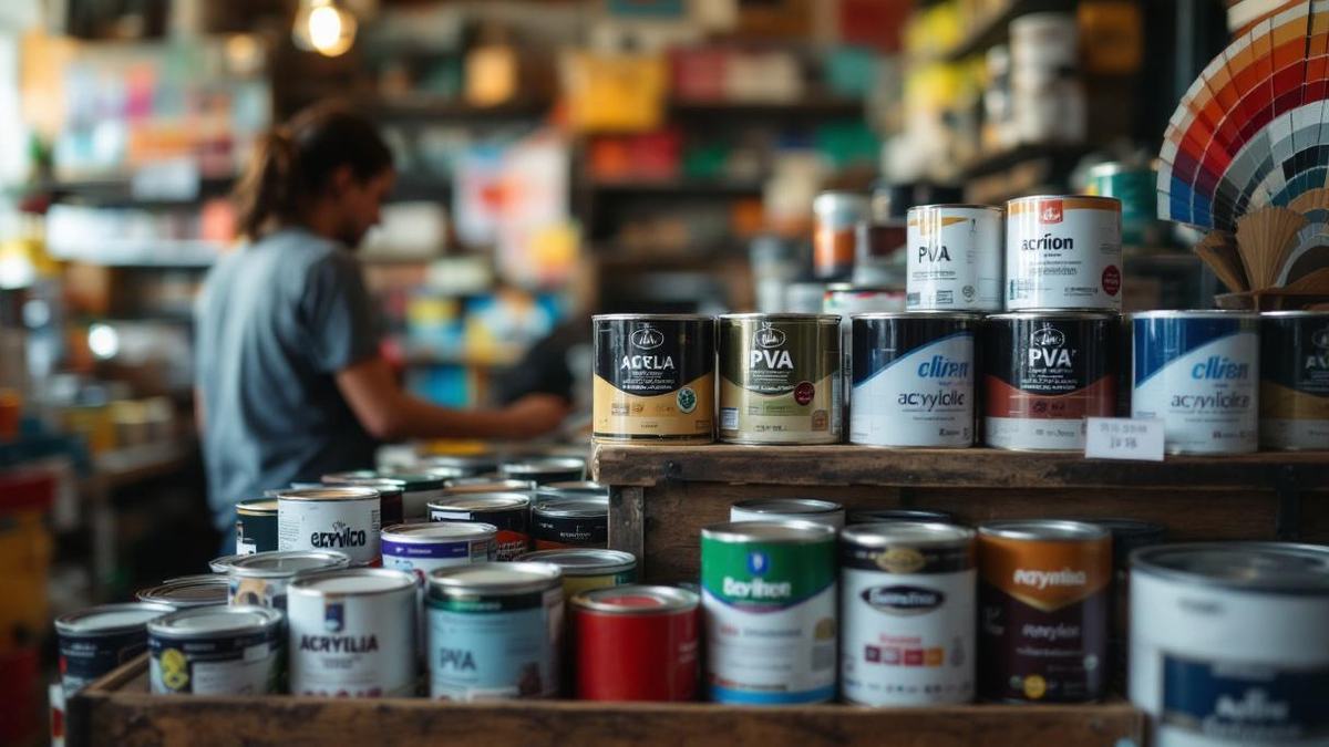 Pintor brasileiro segurando leque de cores com latas de tinta abertas em Porto Alegre