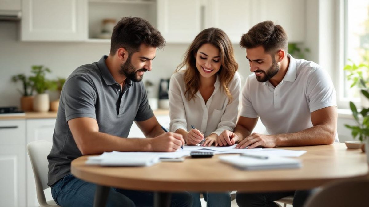 Casal brasileiro analisando proposta de reforma com prestador de serviço em mesa de cozinha no Rio de Janeiro, documentos e calculadora visíveis