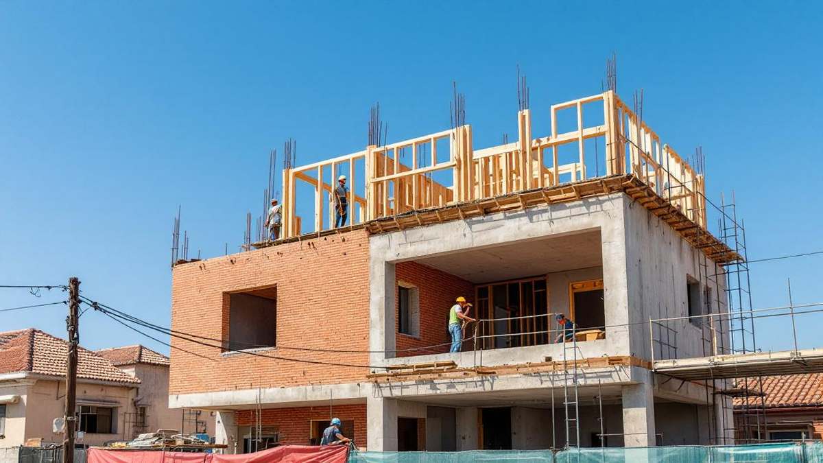 Casa residencial em construção em Belo Horizonte com estrutura de concreto, paredes de tijolo subindo e operários em andaime sob céu azul